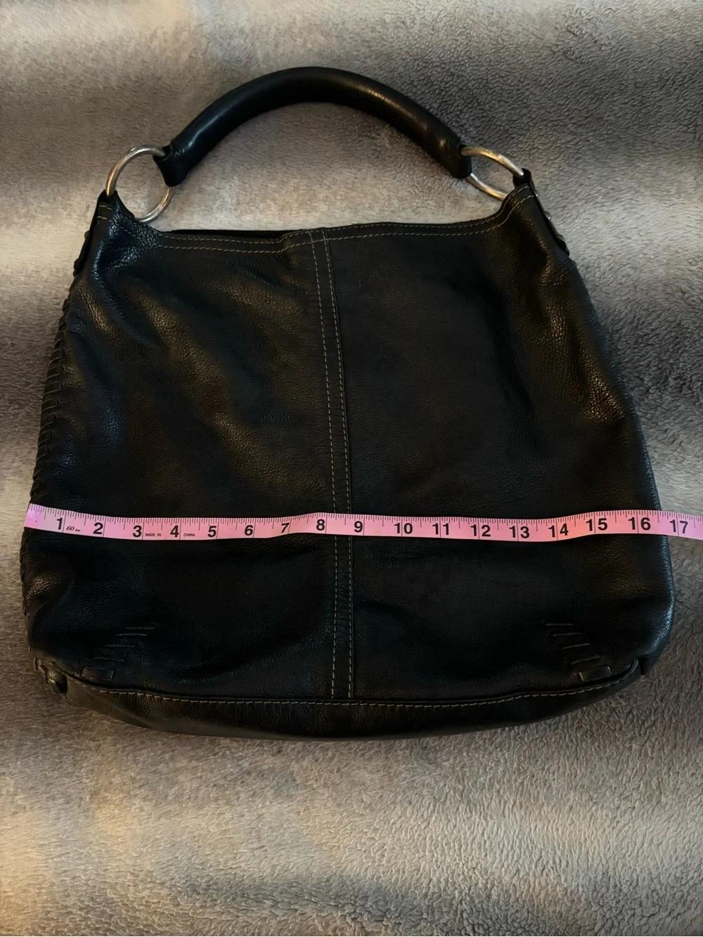 Lucky Brand Black Leather StuddedHobo Bag Whipstitch Slouchy Shoulder Purse